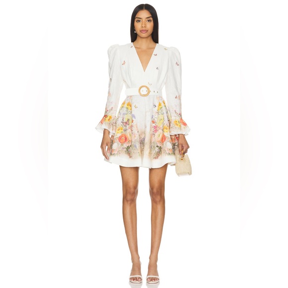 Zimmermann Dresses & Skirts - Zimmermann White Floral-Print Midi Dress with Belt